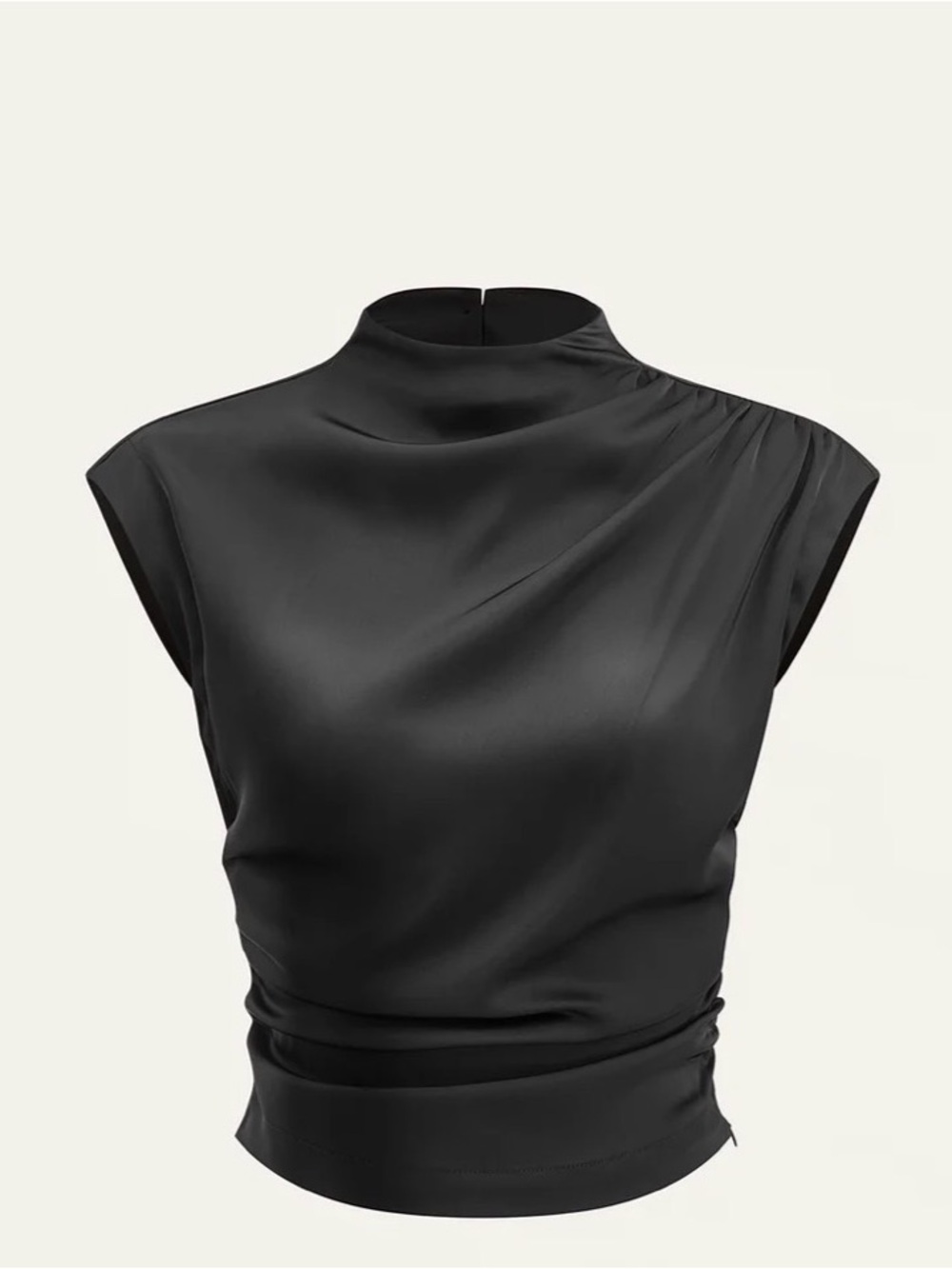 Commense Black Mock-Neck Cap-Sleeve ruched top